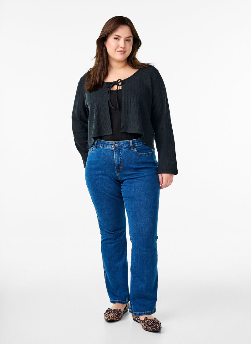 Cardigan en jersey textur&eacute; avec lien &agrave; nouer devant, Noir, Model image number 1