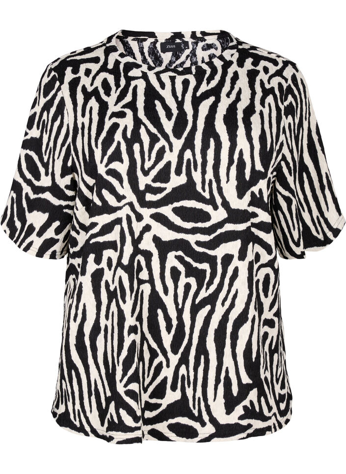 Kurz&auml;rmlige Bluse mit Zebraprint, Schwarz, Packshot image number 0