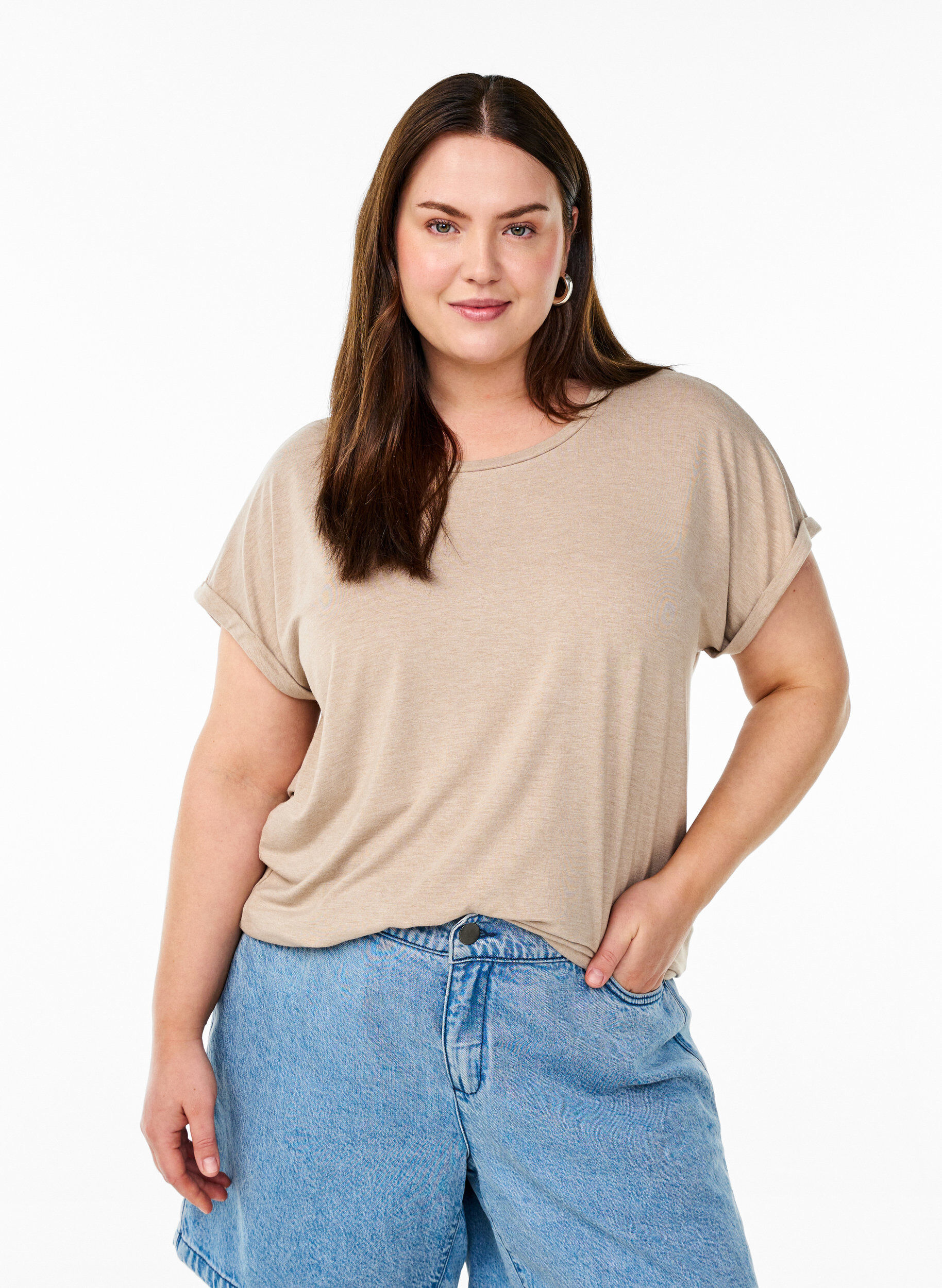 Zizzi Lockeres T-Shirt mit Rundhalsausschnitt, Braun, Model image number 0