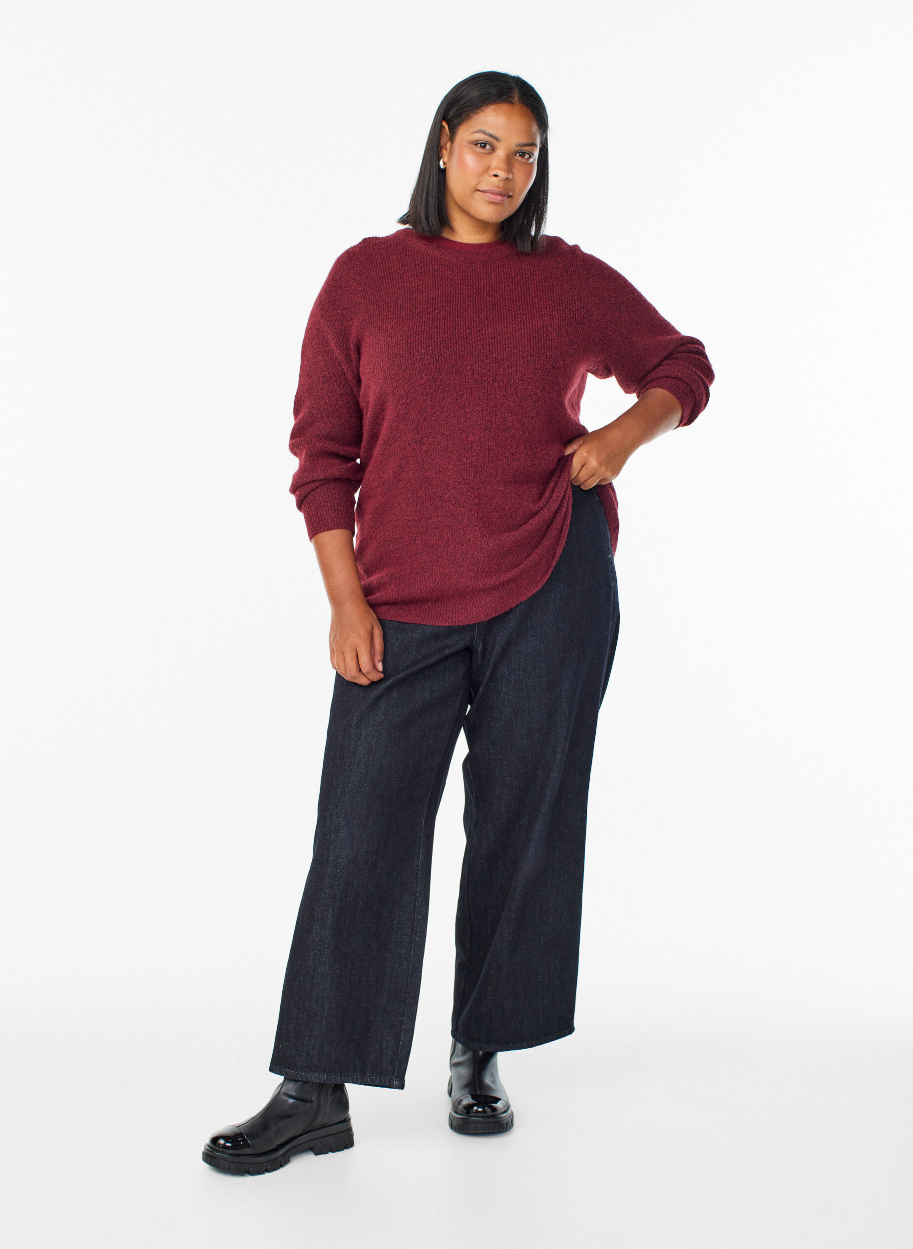 Zizzi Melierte Strickbluse mit Rundhalsausschnitt, Rot, Model image number 1