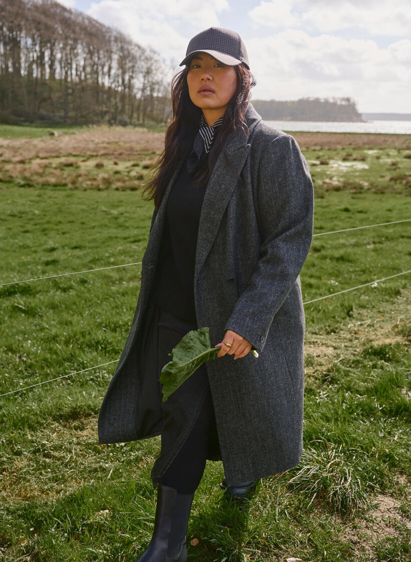 Langer Wollmantel mit Fischgrätenmuster, Dark Grey Melange, Image image number 0