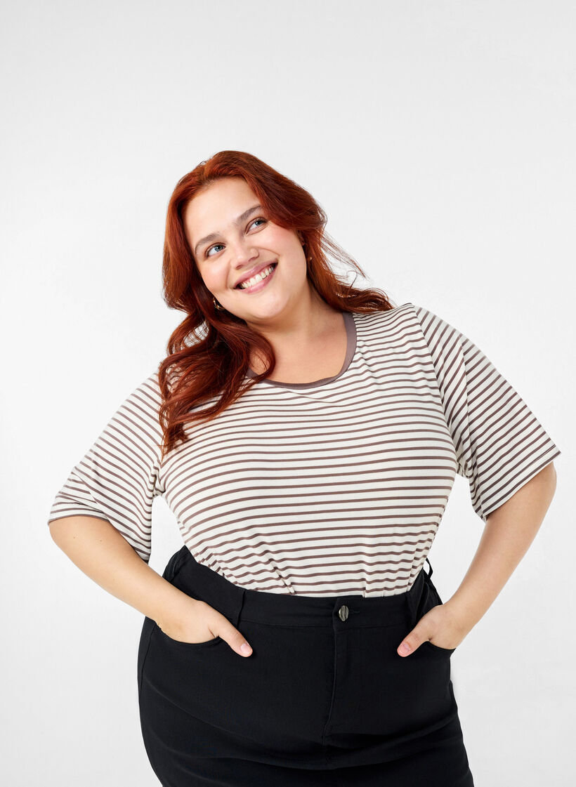 T-shirt rayé en Lyocell à col rond, Camel, Image image number 0