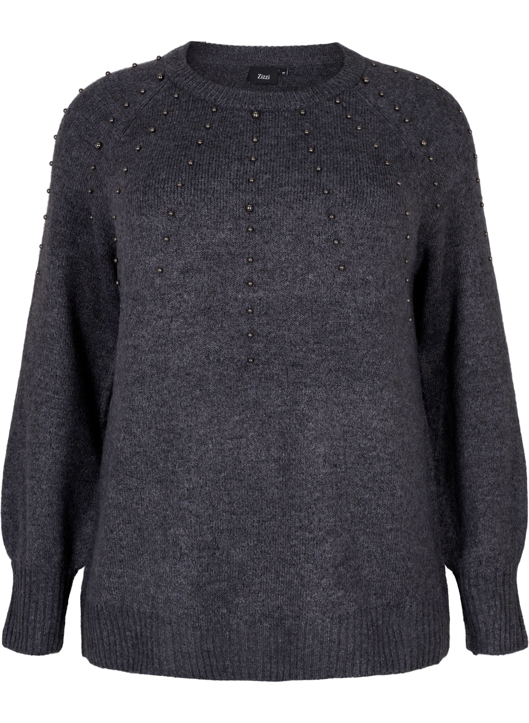 Zizzi 	 Strickbluse mit Perlen, Dark Grey Melange, Packshot image number 0