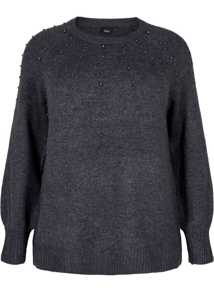 Pull en maille avec perles, Dark Grey Melange, Packshot image number 0