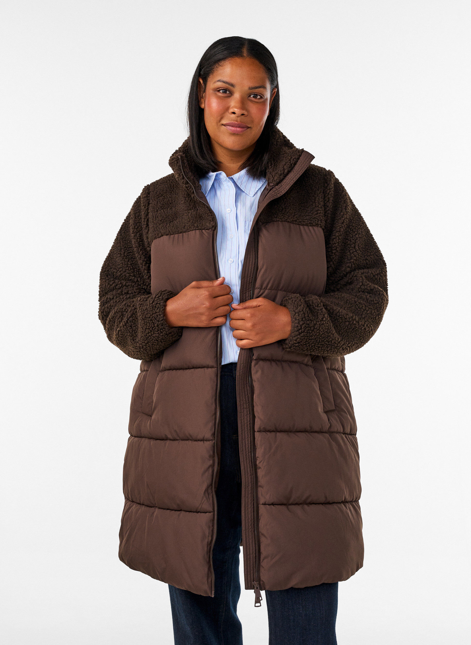 ZizziDoudoune mi-longue avec polaire teddy, Marron, Model image number 0