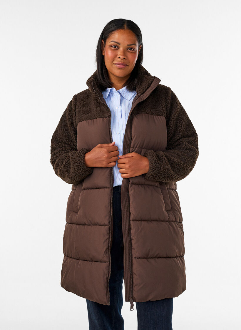 Doudoune mi-longue avec polaire teddy, Marron, Model image number 0