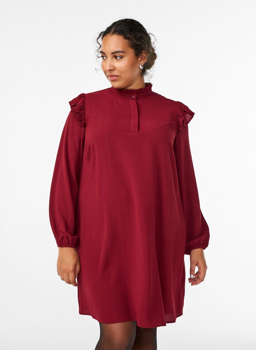 Kurzes Kleid mit R&uuml;schen und Glitzer , Dunkles Bordeaux, Model image number 0