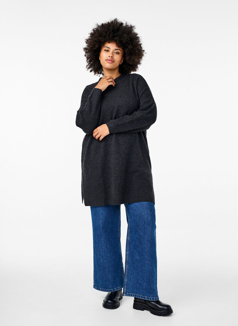 Long chemisier tricoté à manches longues, Dark Grey Melange, Model image number 2