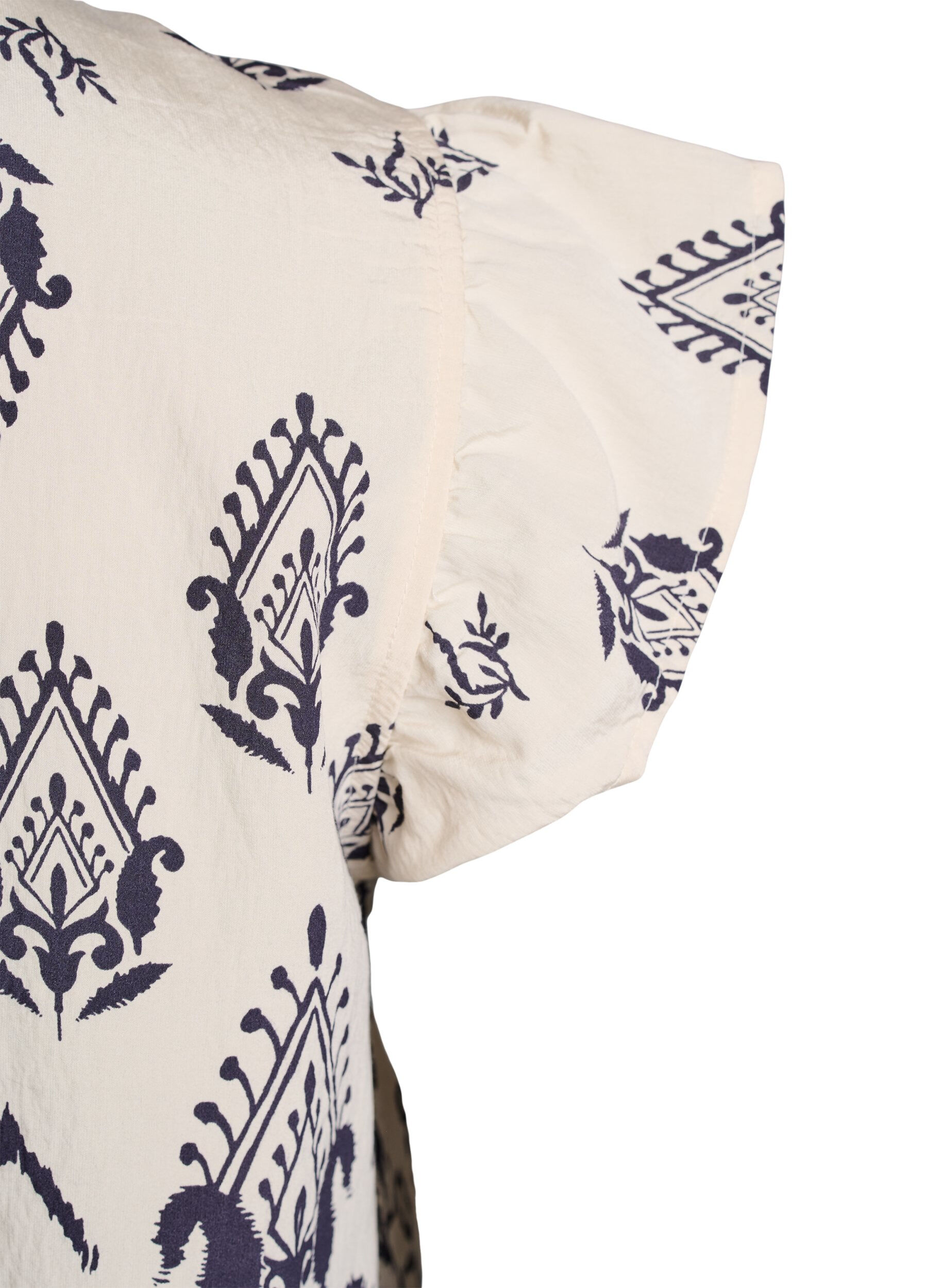 Zizzi &Auml;rmellose Bluse mit R&uuml;schenbesatz und Druck, Beige, Packshot image number 3