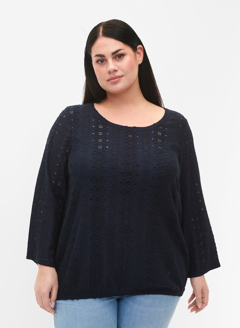 Blouse avec broderie anglaise et manches 7/8, Navy Blazer, Model image number 0