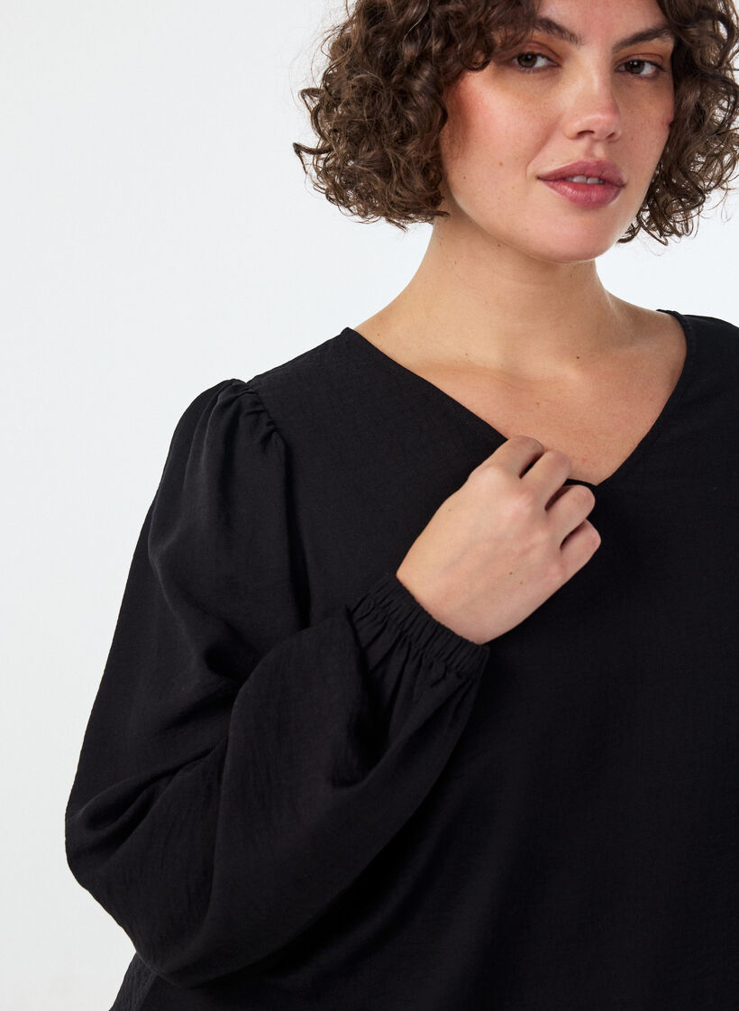 Viskosebluse mit V-Ausschnitt und Ballonform, Schwarz, Model image number 3