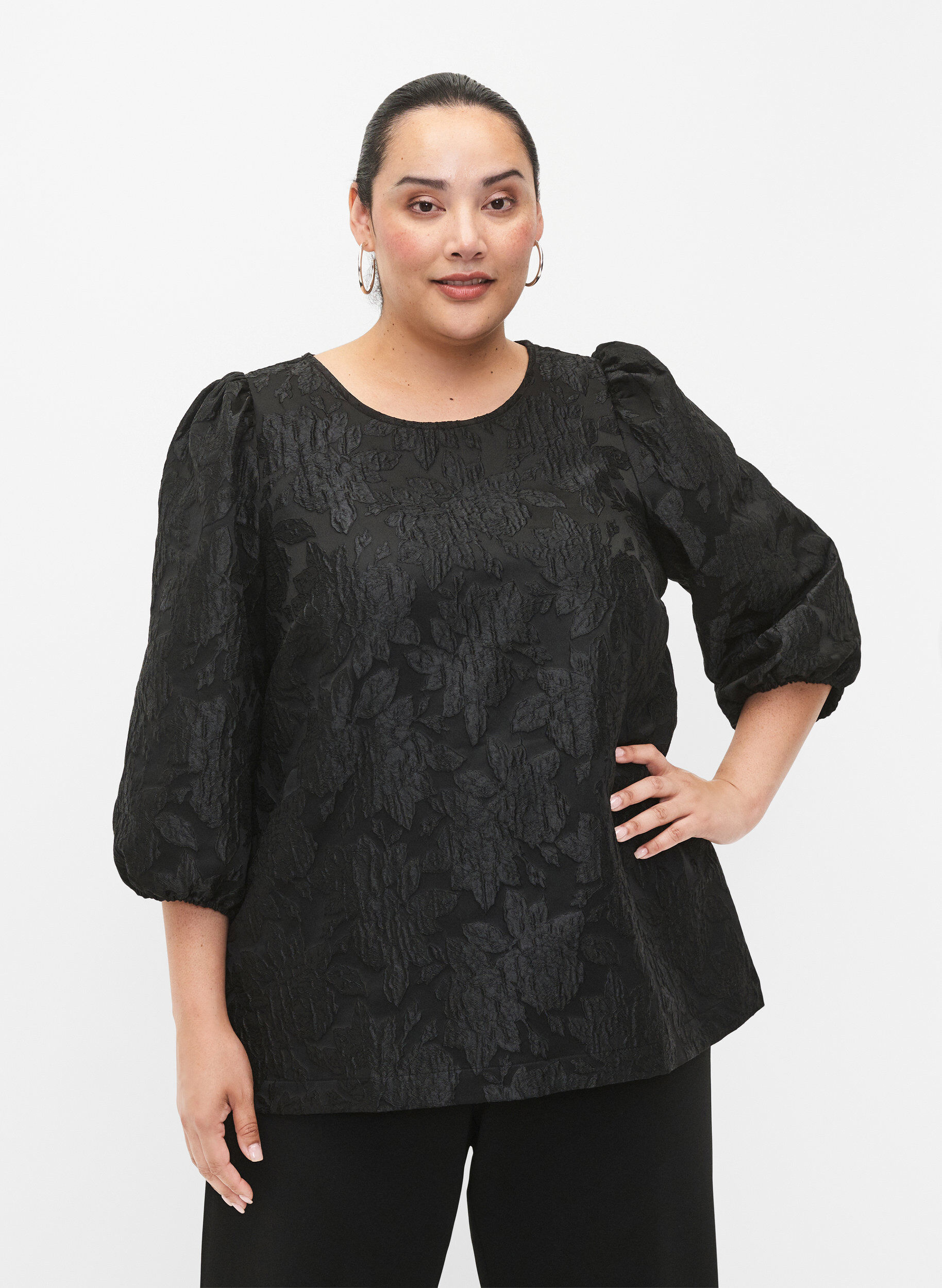 Zizzi Blouse jacquard avec manches 3/4, Black, Model image number 0