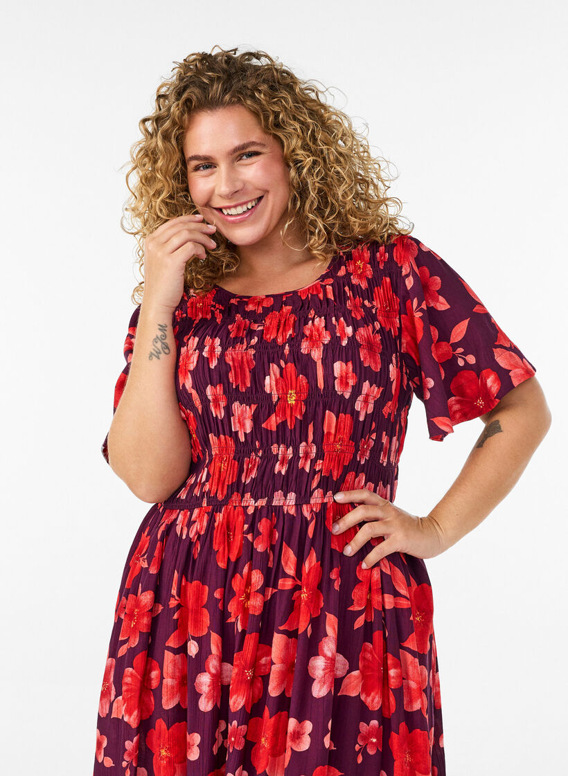 Robe avec smocks et imprim&eacute; floral, Violet, Model