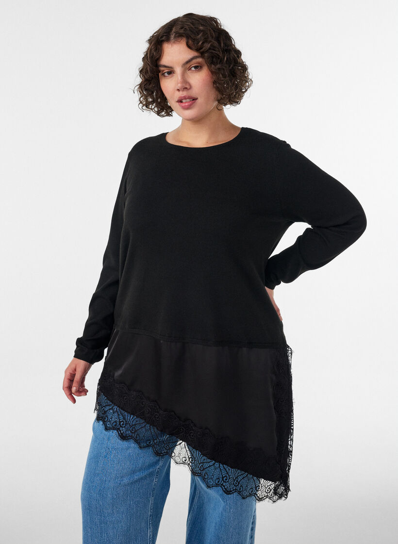 Strickbluse mit Lageneffekt und Spitzenbesatz, Schwarz, Model image number 0
