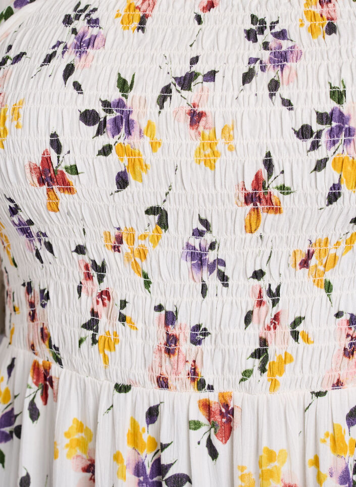 Robe midi en viscose &agrave; fleurs avec smock, Blanc, Packshot image number 2