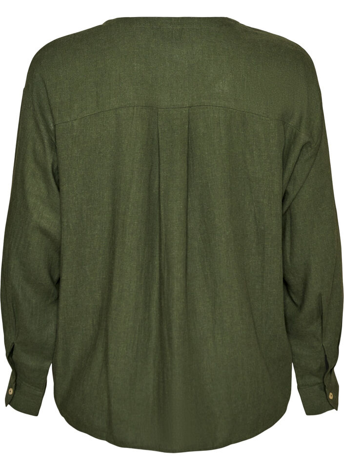 Blouse en lin et viscose avec col en V, Vert, Packshot image number 1