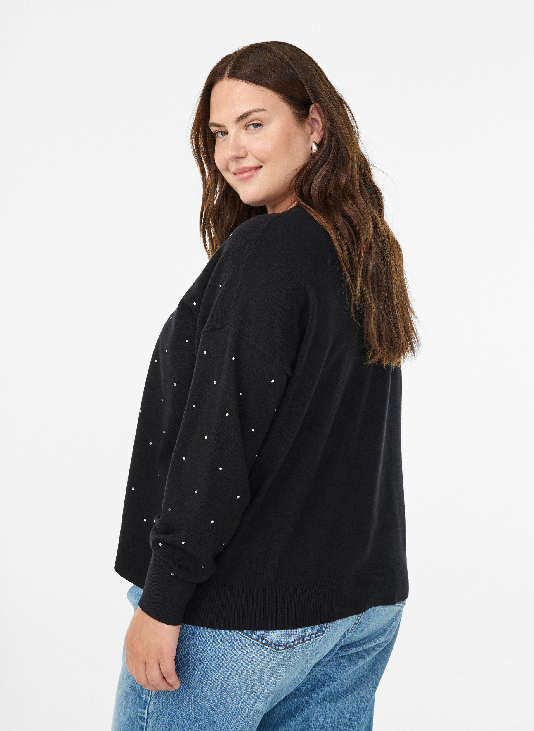 Zizzi Blouse en maille l&acirc;che avec strass, Noir, Model image number 2