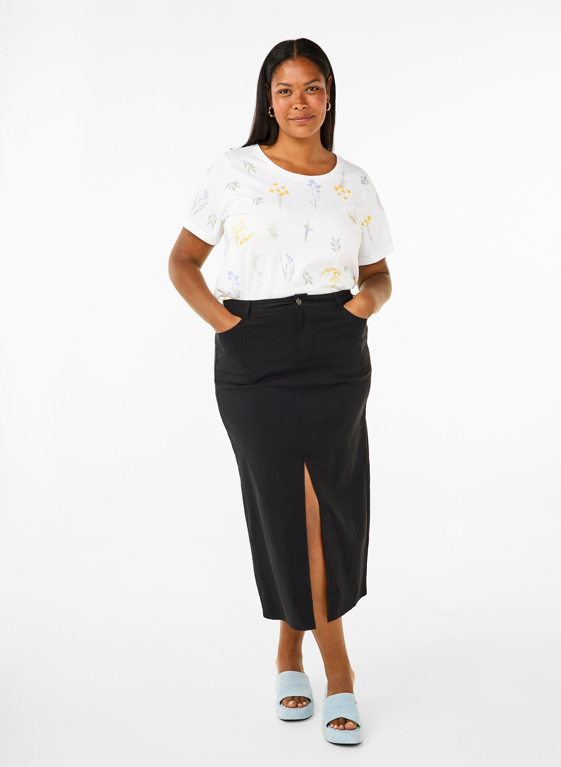 Zizzi Jupe longue avec fente sur le devant, Noir, Model image number 0