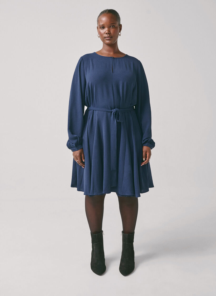 Langärmliges Kleid mit Bindegürtel, Navy Blazer, Image image number 1