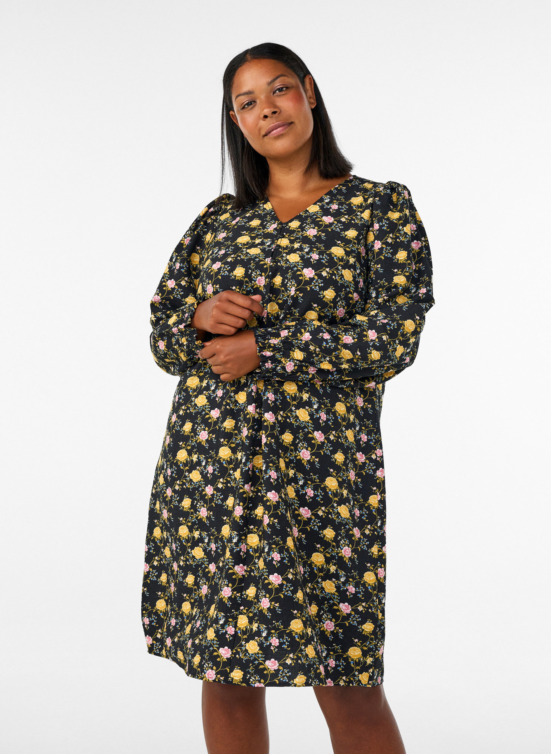 ZizziRobe imprim&eacute;e en viscose &agrave; manches longues, Noir, Model image number 0