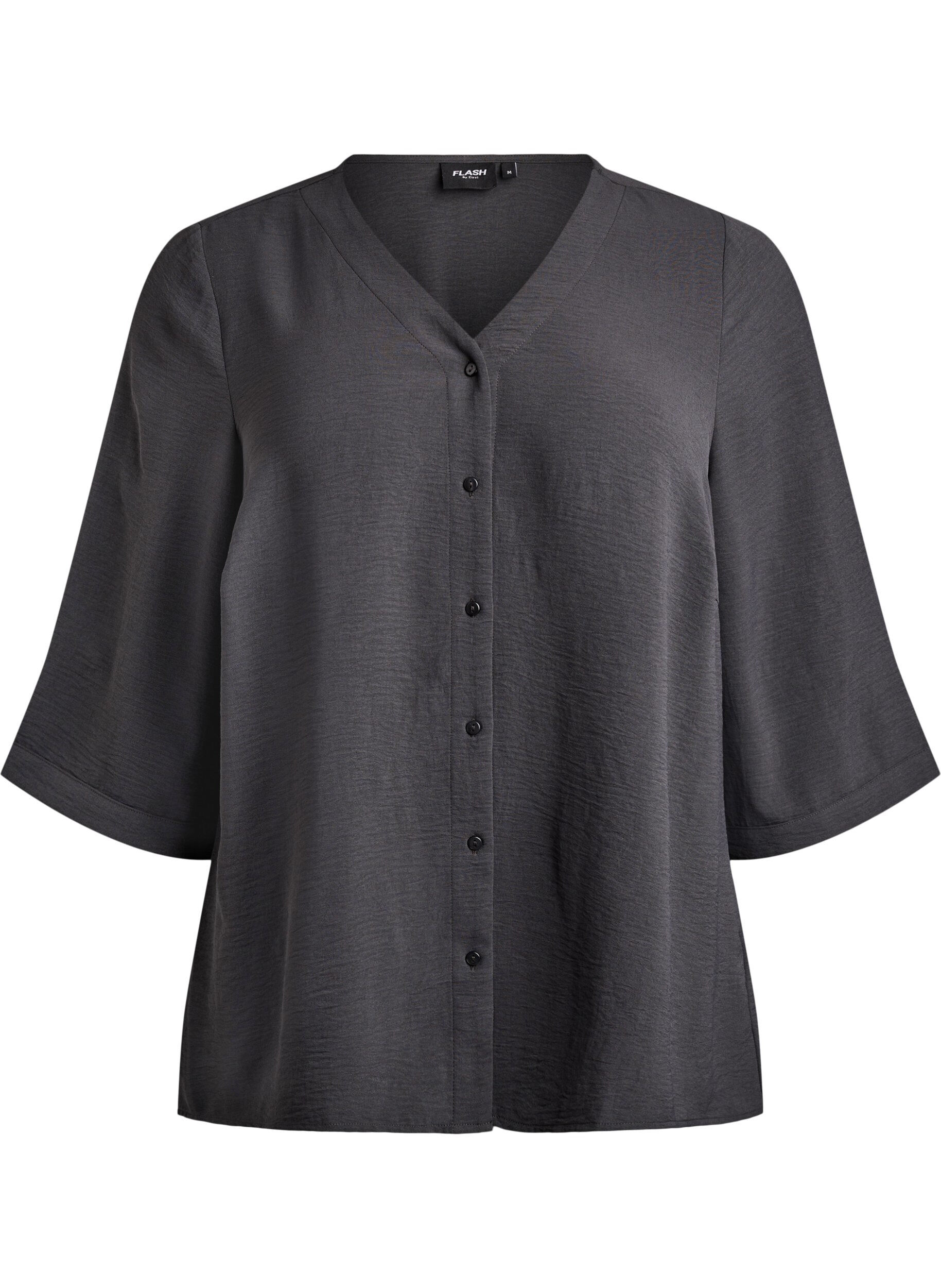Zizzi Shirt blouse with V-neck and 3/4 sleeves, Dark Grey, Packshot image number 0