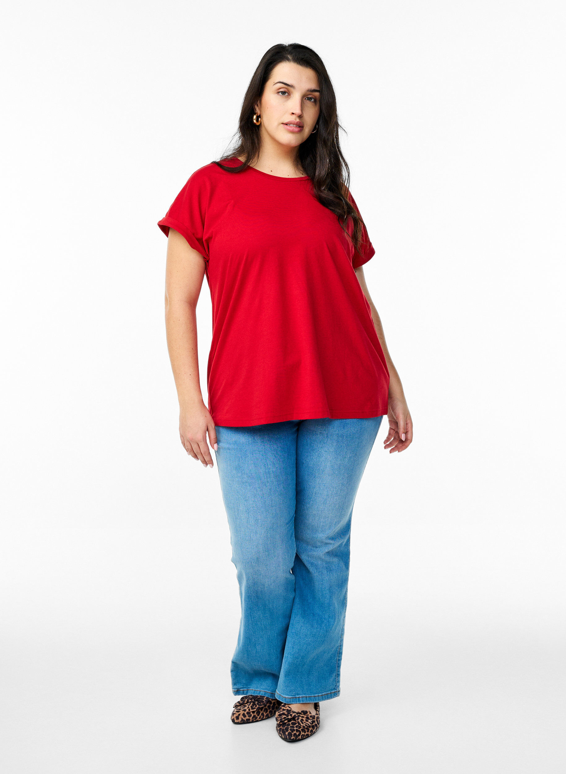 Zizzi Kurz&auml;rmeliges T-Shirt aus einer Baumwollmischung, Rot, Model image number 1