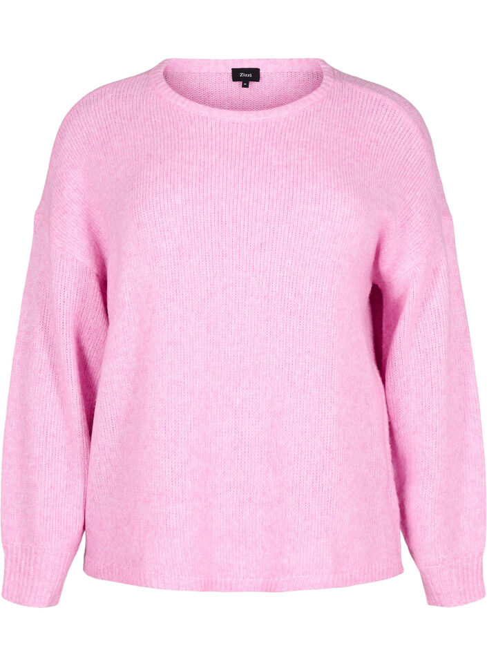 Pull en maille à manches longues, contenant de la laine et à col rond, Begonia Pink Mel., Packshot image number 0