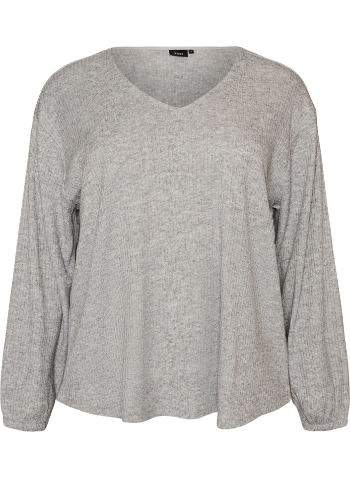 Bluse aus Jersey mit Rippstruktur und V-Ausschnitt, Grau, Packshot image number 0