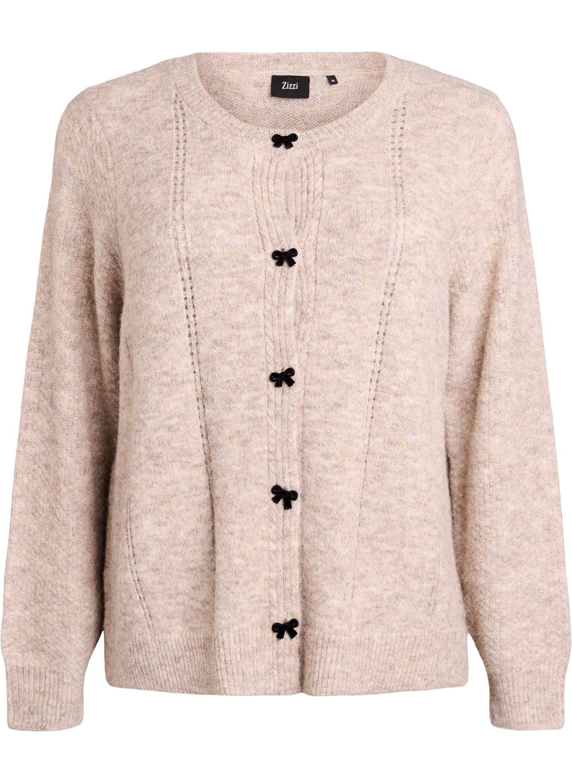 Zizzi Cardigan mit Schleifenkn&ouml;pfen und Ajourmuster, Beige, Packshot image number 0