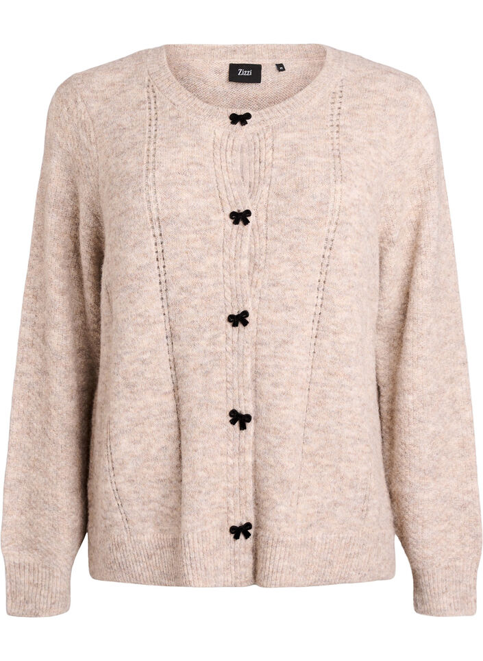 Cardigan mit Schleifenknöpfen und Ajourmuster, Beige, Packshot image number 0