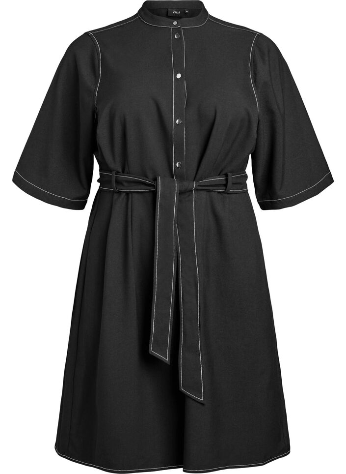 Robe chemise courte avec surpiq&ucirc;res contrastantes et ceinture &agrave; nouer, Noir, Packshot