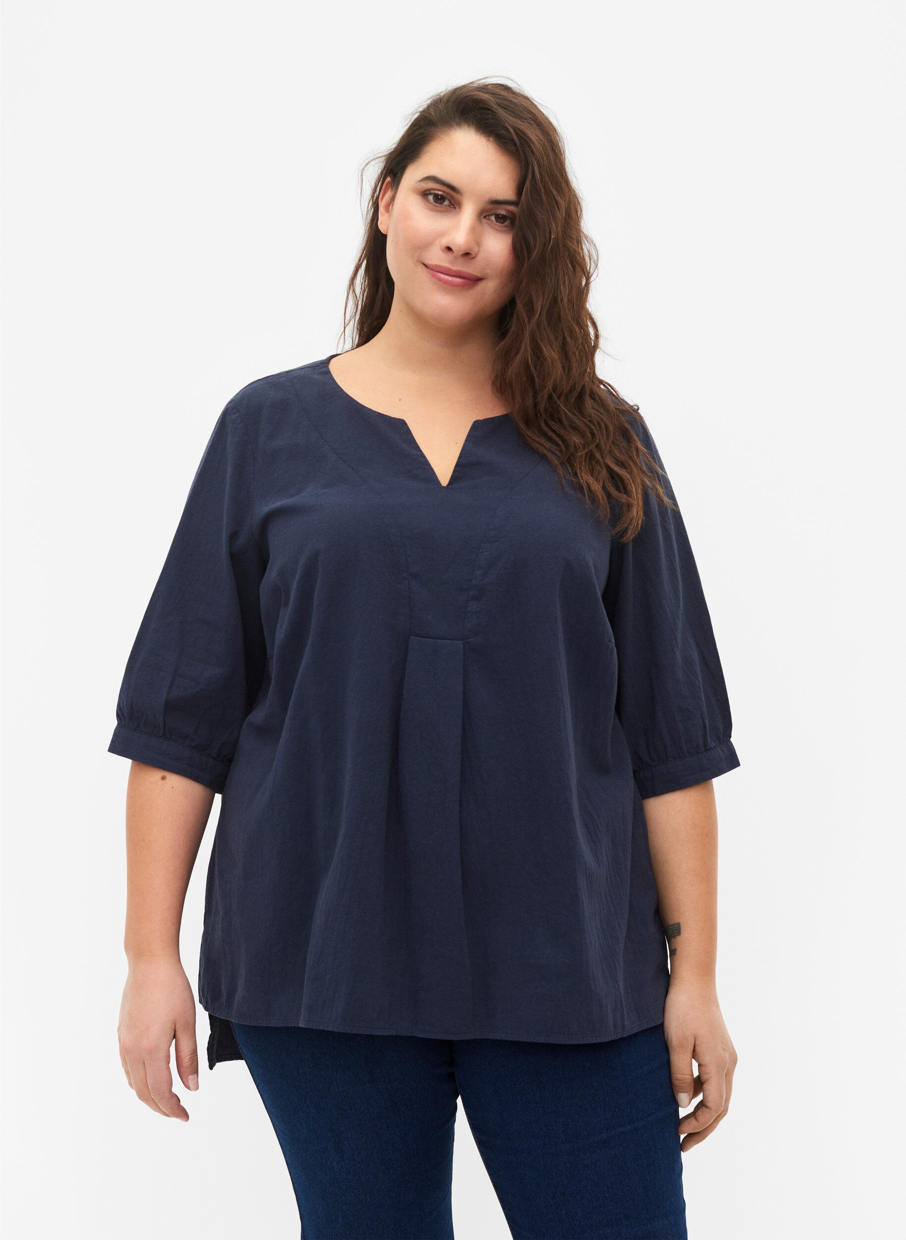 Zizzi FLASH - Bluse aus Baumwolle mit halblangen &Auml;rmeln, Navy Blazer, Model image number 0