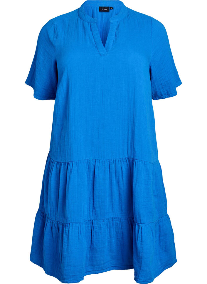 Robe courte &eacute;vas&eacute;e en mousseline de coton, Bleu, Packshot image number 0
