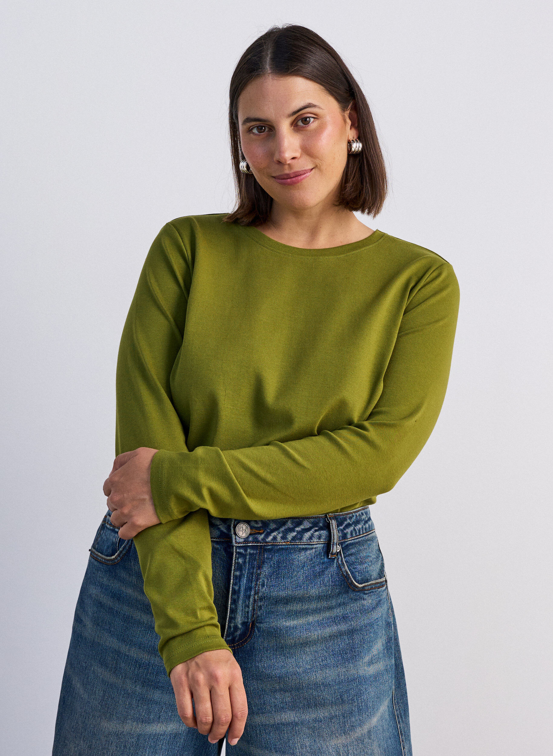 ZizziT-shirt basique &agrave; manches longues et col rond, Vert Kaki, Model image number 0