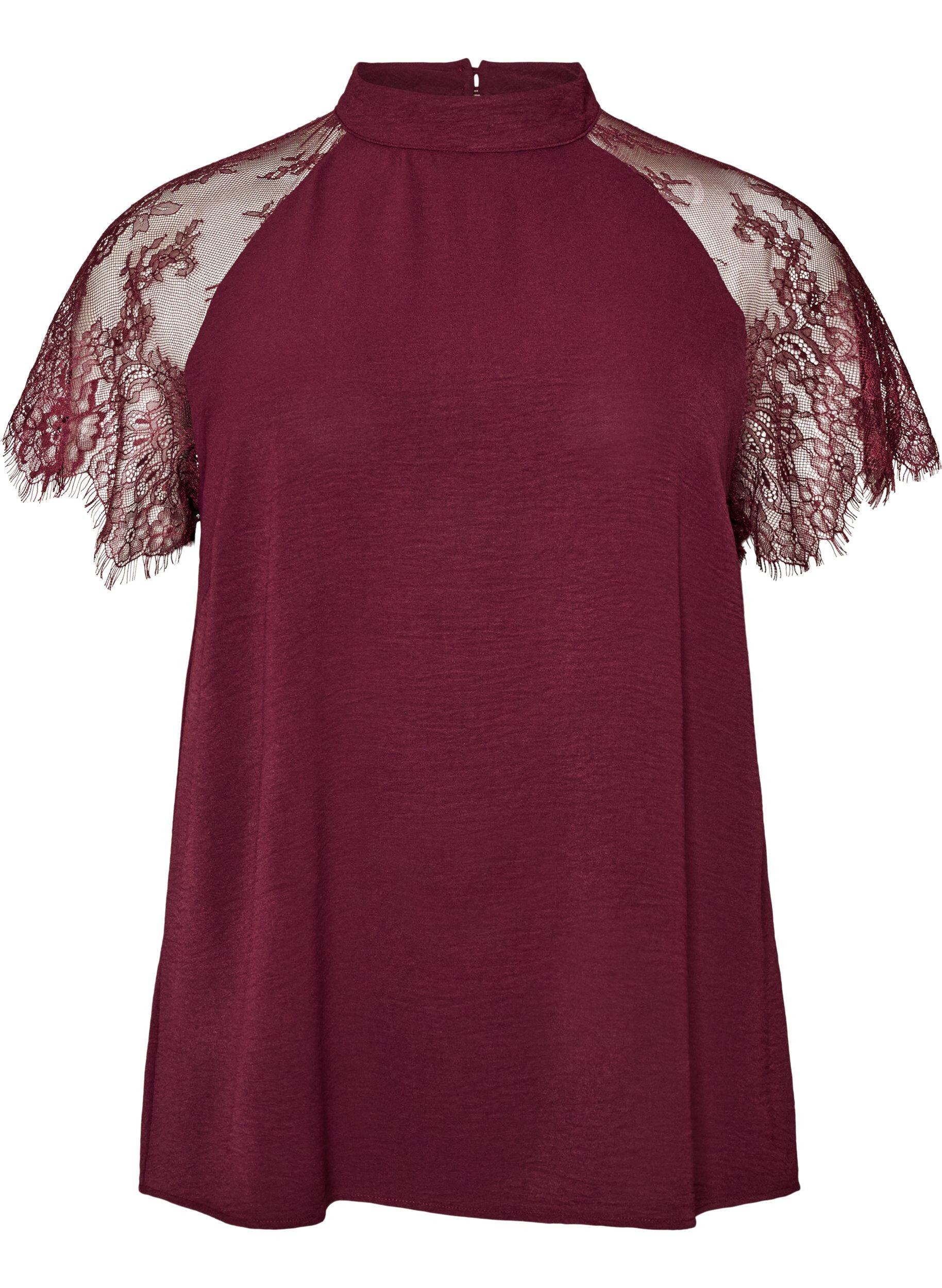 Bluse mit kurzen &Auml;rmeln aus Spitze und hohem Kragen