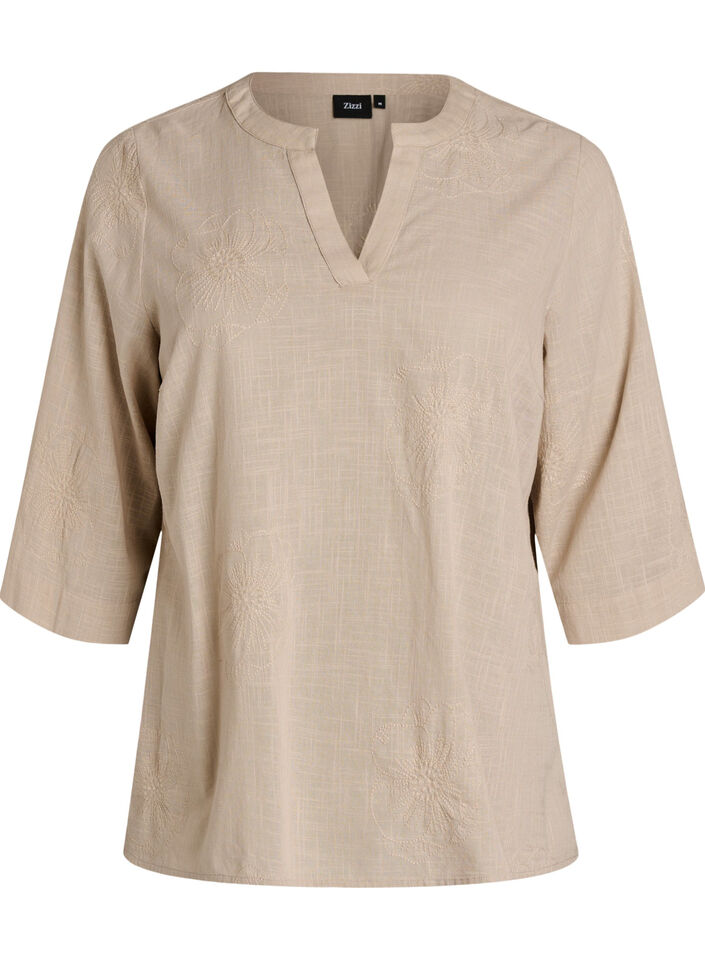 Blouse en coton avec d&eacute;tails brod&eacute;s et manches 3/4, Beige, Packshot image number 0