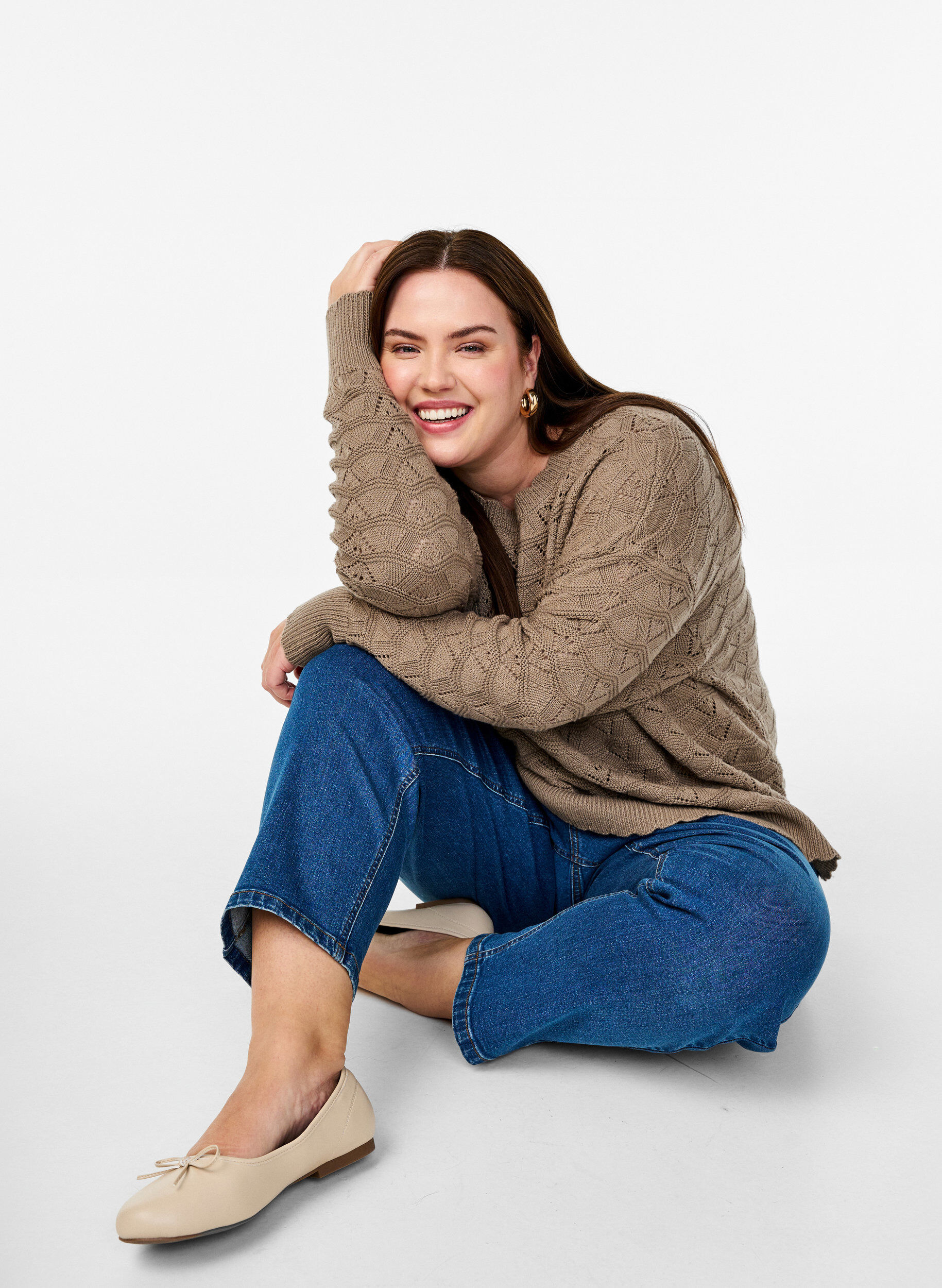 Zizzi Strickbluse mit Lochmuster und langen &Auml;rmeln, Desert Taupe, Image image number 0