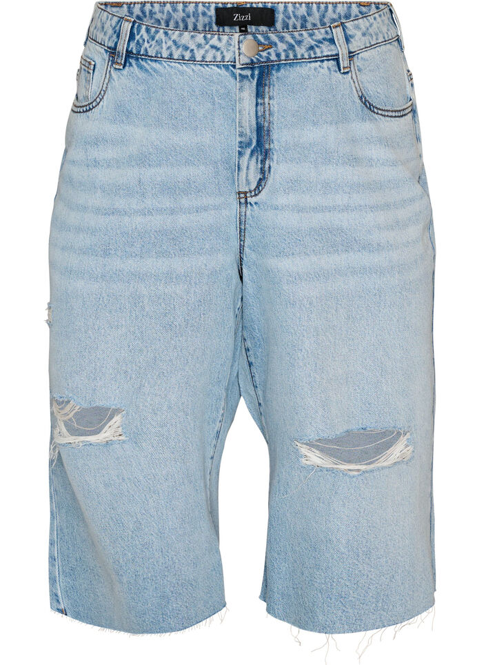 Cropped Jeans mit abgenutzter Optik und offenen Kanten, Blau, Packshot