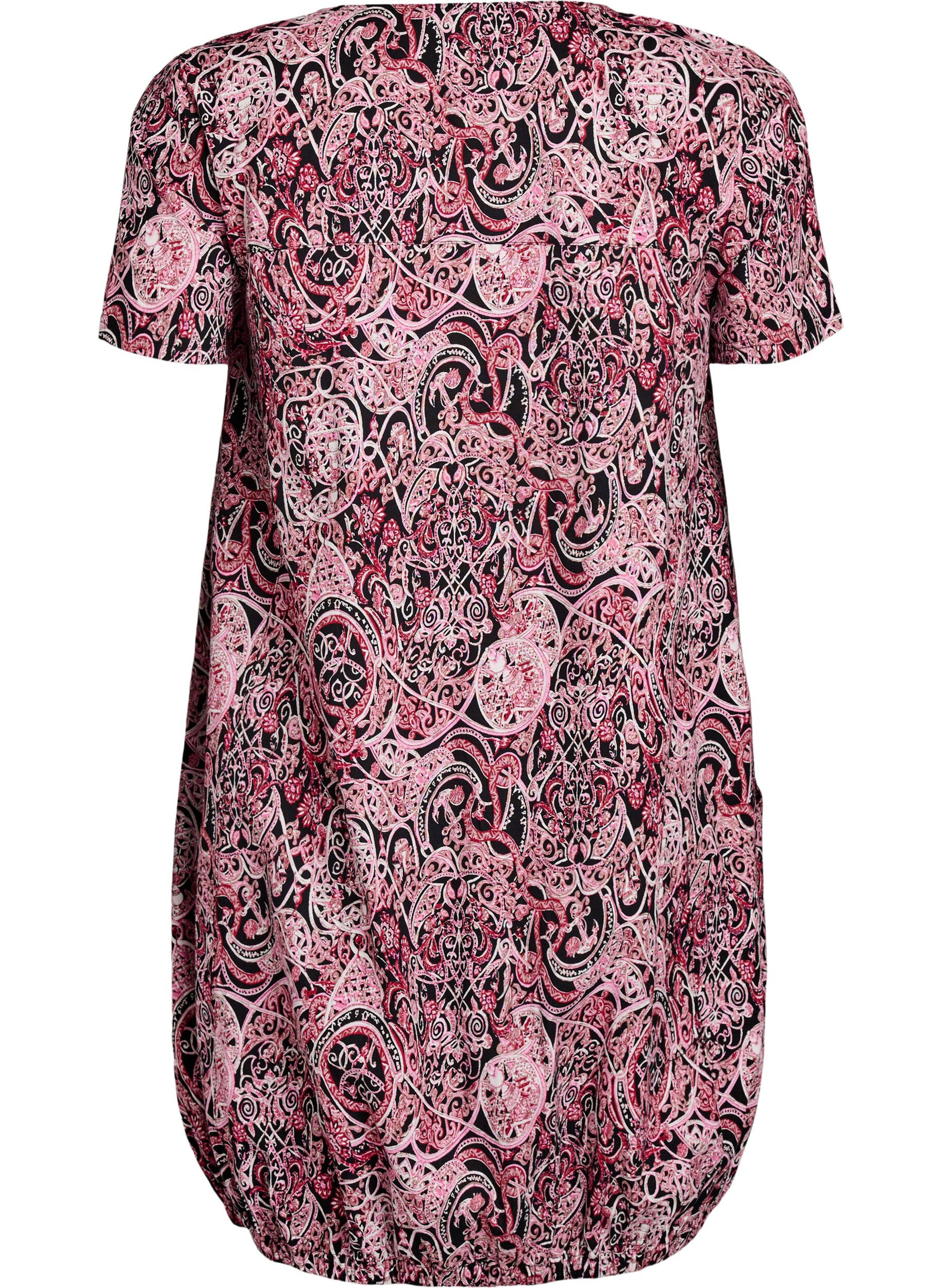 Zizzi Kurz&auml;rmliges Baumwollkleid mit Aufdruck, Schwarz, Packshot image number 1
