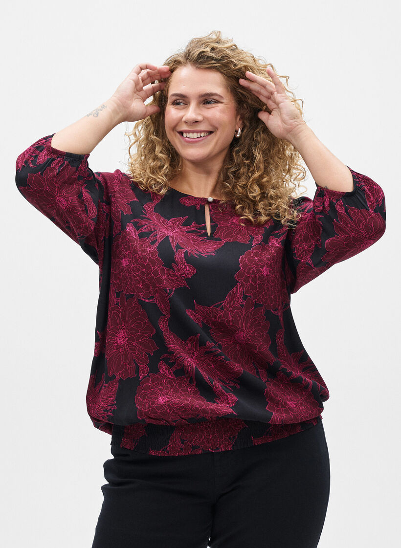 Bluse aus Viskose mit Blumenmuster und Smok, Dunkles Bordeaux, Model image number 0