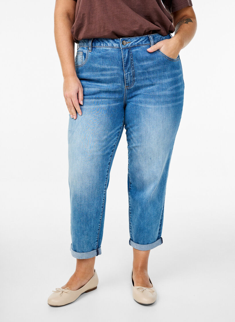 7/8-Jeans mit Umschlag und hoher Taille, Blau, Model image number 2