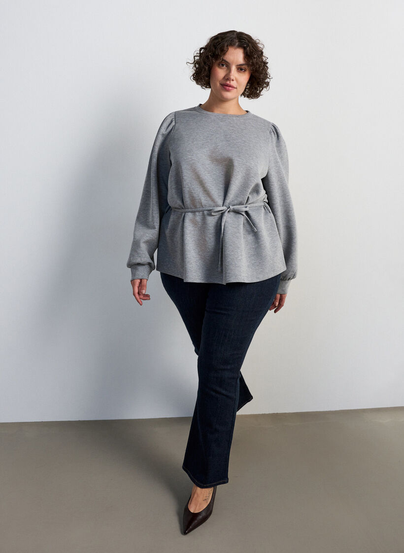 Bluse mit Bindeband und Puff&auml;rmeln, Grau, Model image number 1