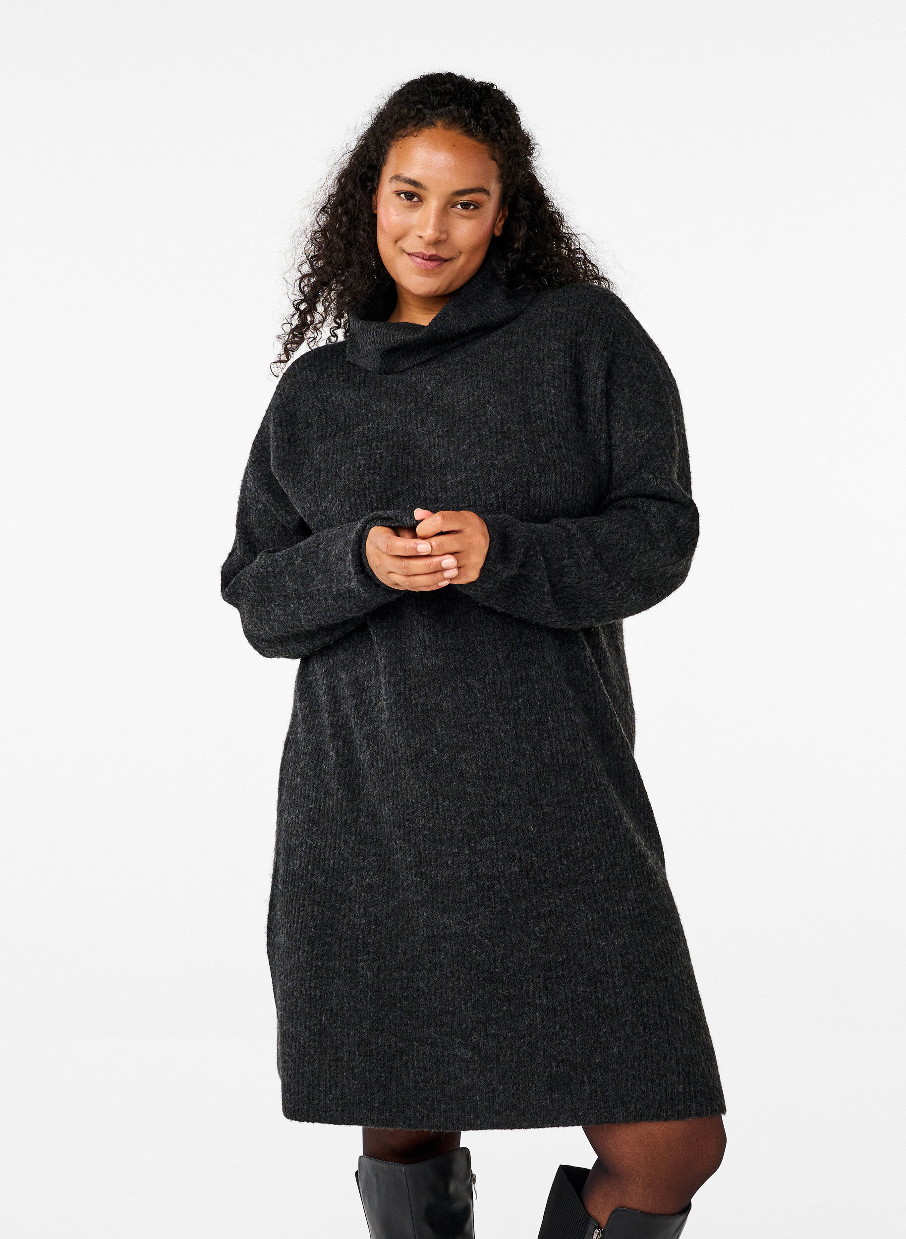 Zizzi FLASH - Robe en tricot et &agrave; col roul&eacute;, Gris anthracite, Model image number 0