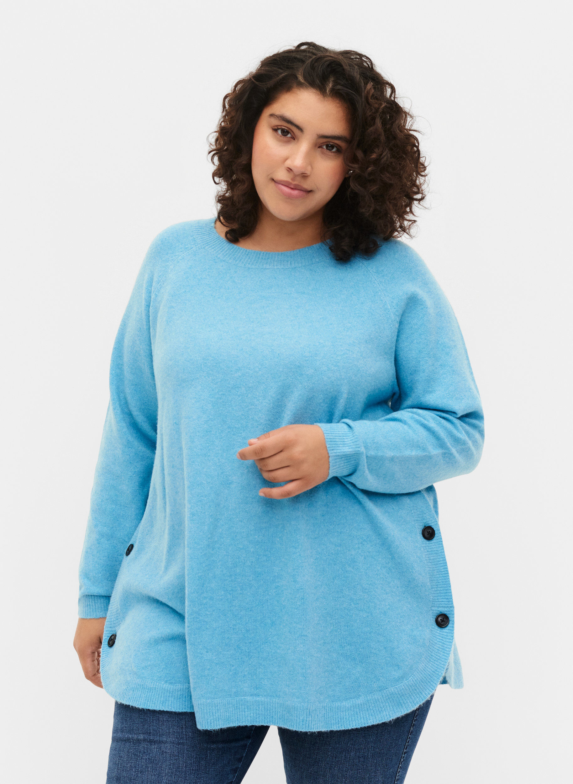 Zizzi Pull en tricot avec des boutons, River Blue WhiteMel., Model image number 0