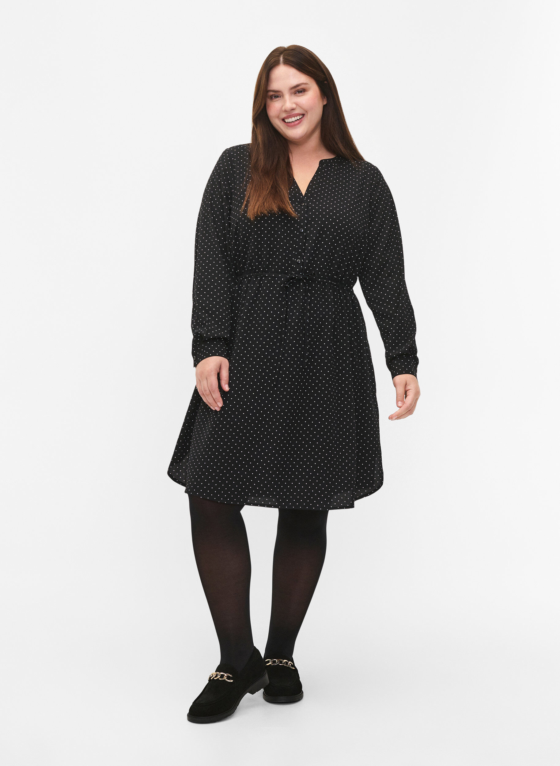 Zizzi Robe imprim&eacute;e avec cordon &agrave; la taille, Black Dot, Model image number 2
