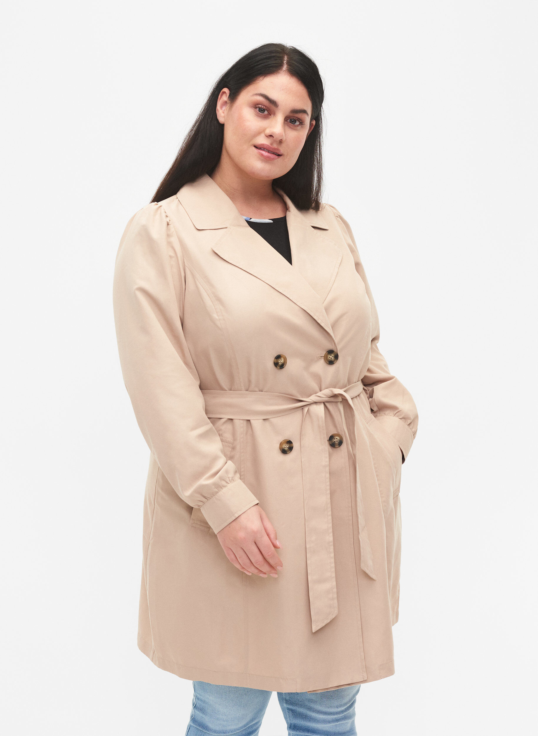 Zizzi Trenchcoat mit G&uuml;rtel und Taschen, Nomad, Model image number 0