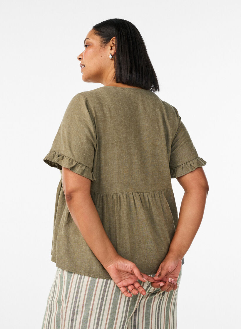 Bluse aus Leinen und Viskose mit V-Ausschnitt und Knopfverschluss, Gr&uuml;n, Model image number 2