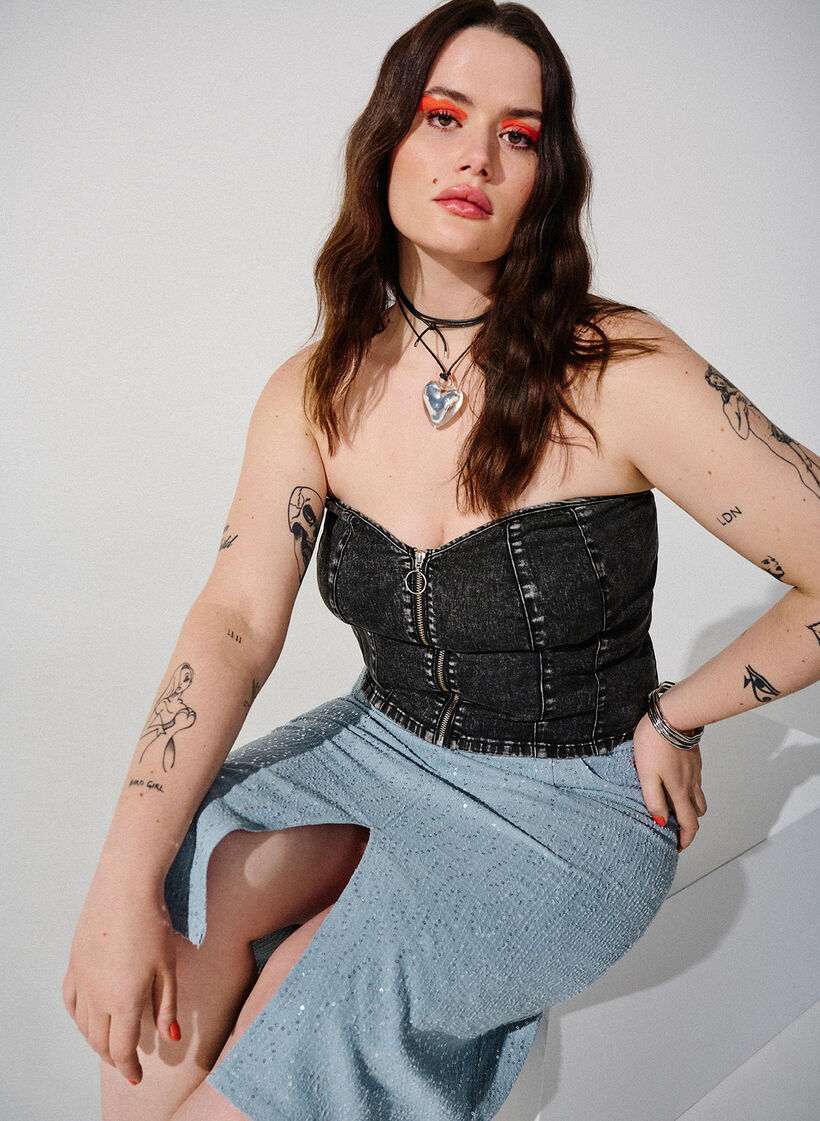 Top corset en denim avec fermeture éclair, Black, Image image number 0