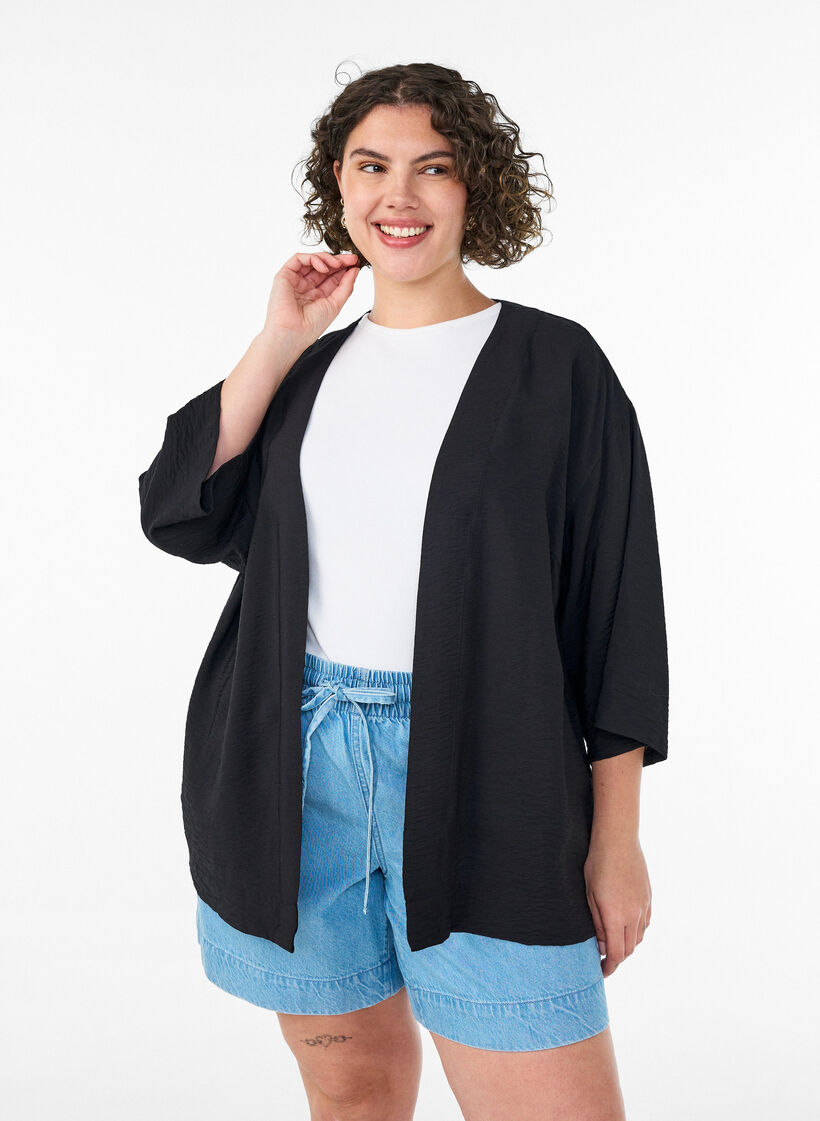 Kurzer Kimono aus Viskose mit 3/4-&Auml;rmeln, Schwarz, Model image number 0