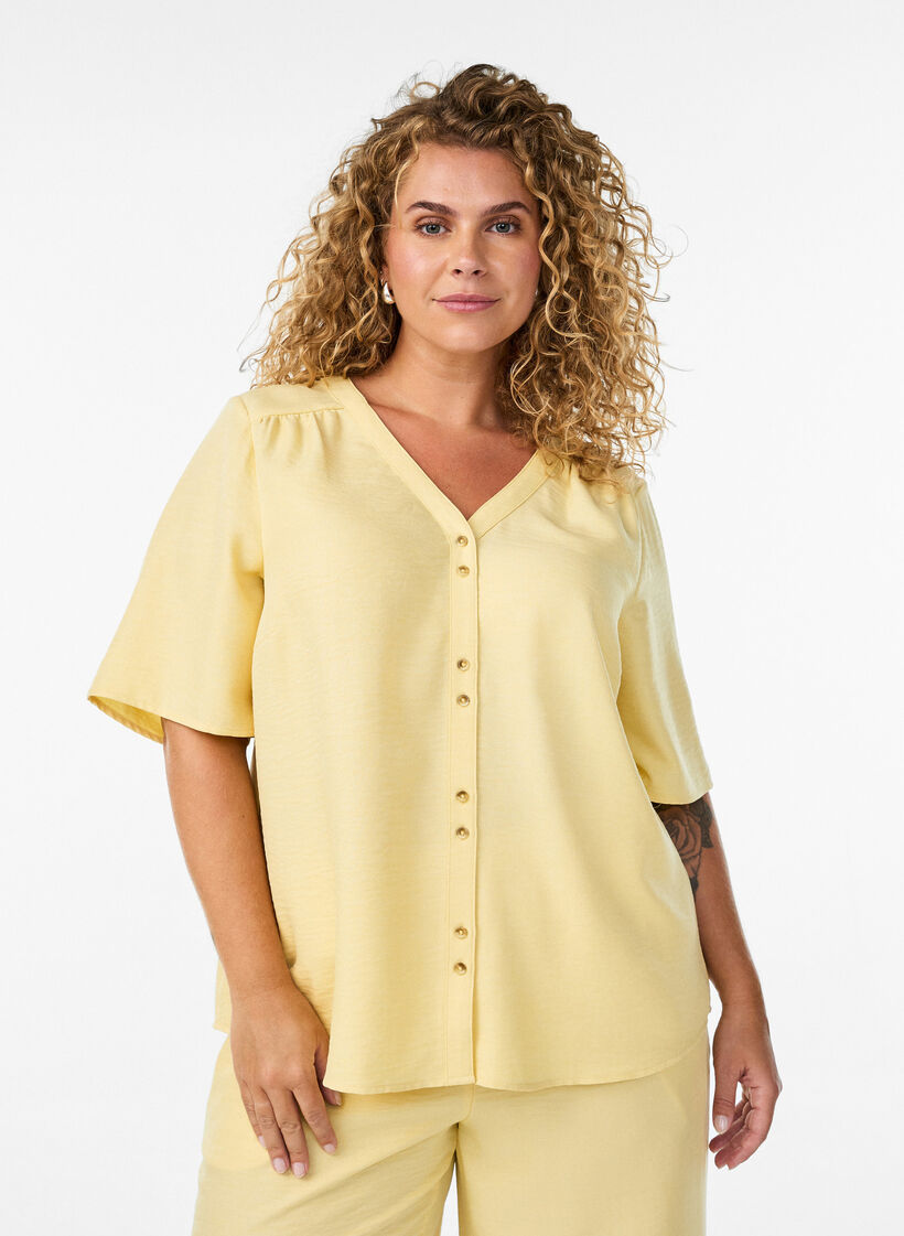 Hemdbluse mit V-Ausschnitt und kurzen &Auml;rmeln, Gelb, Model image number 0